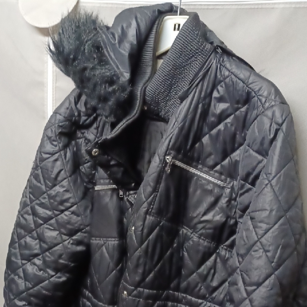 Black Quilted Jacket with Faux Fur Collar